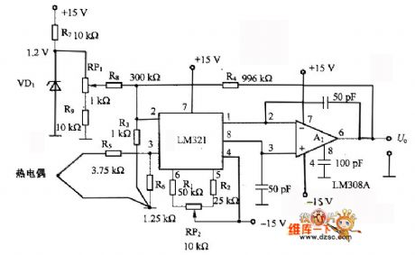 Thermocouple temperature measurement circuit with the cold contact point compensation