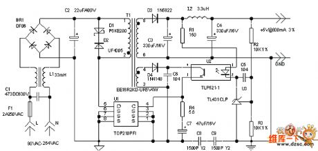 4W switch-type 5V regulated DC power supply circuit
