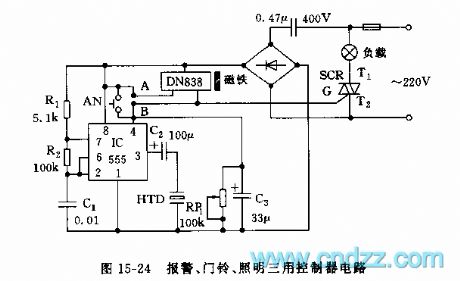 555 alarm, doorbell and lighting controller circuit
