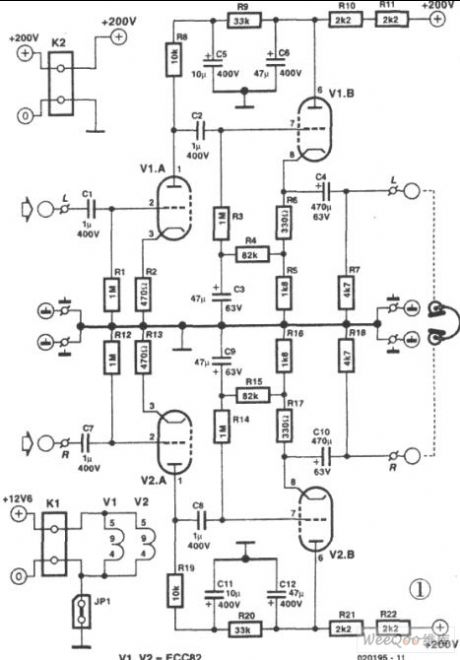 The OTL Earphone Amplifier composed of double triode ECC822 electronic value circuit diagram