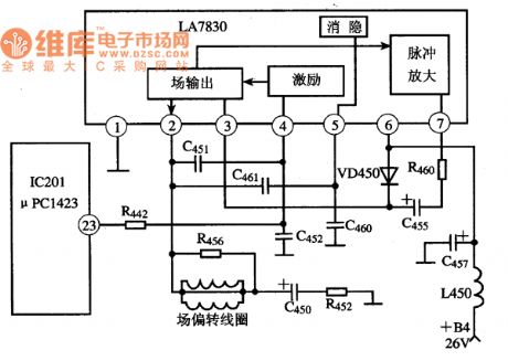 The internal block and typical application circuit diagram of LA7830 IC