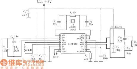 The typical application circuit of nRF401 single RF transceiver