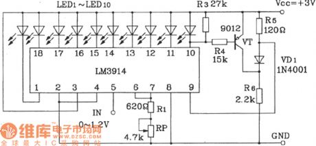 Dot, line overflow LED display circuit diagram composed of LM3914