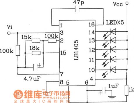 The typical application circuit diagram of LB140 5-bit LED level indicating driver IC