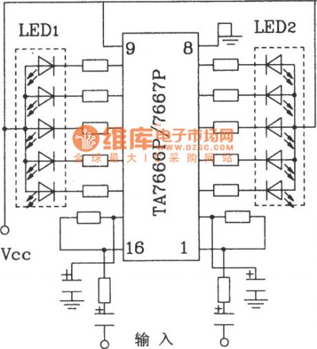 5-point LED display driver circuit diagram composed of HA7666P／TA7667P