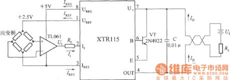 Strain bridge current transmitter circuit diagram composed of XTR115 precision current transmitter