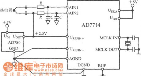 Temperature measuring circuit diagram composed of AD7714 and thermocouple