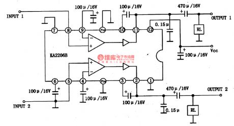 KA2206B-2W stereo audio power amplifier integrated circuit diagram