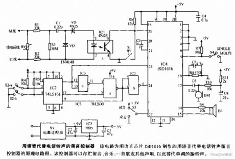 The circuit diagram of message controller using voice to replace telephone ring
