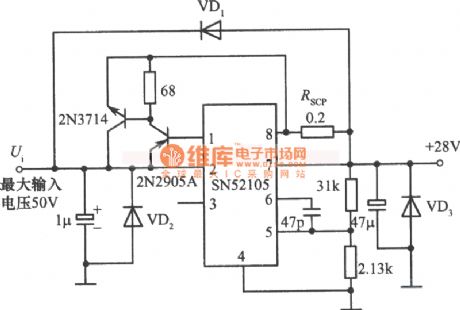28V, 1A power supply circuit diagram composed of SN52105