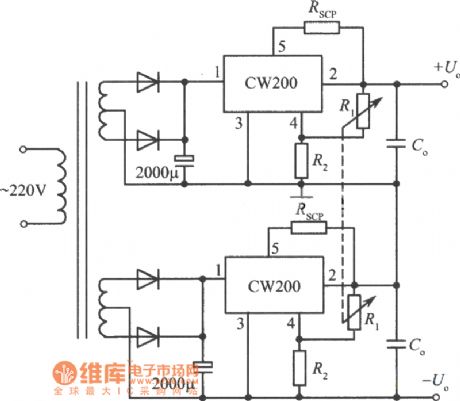 Positive and negative output voltage integrated regulated power supply (CW200) circuit diagram