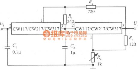 Tracking integrated power supply circuit composed of two CW117 CW217 CW317