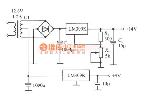 Dual regulated power supply circuit composed of LM309K