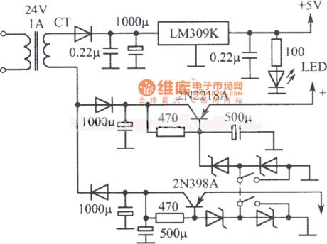 Multiple regulated power supply circuit composed of LM309K