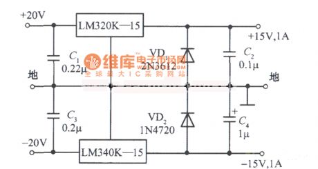 ±15V 1A symmetry regulated power supply circuit composed of LM340K-15