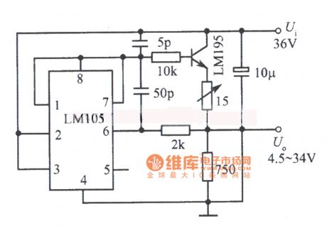 4.5 to 34V lA adjustable regulated power supply circuit composed of LM105 and integrated power management LM195