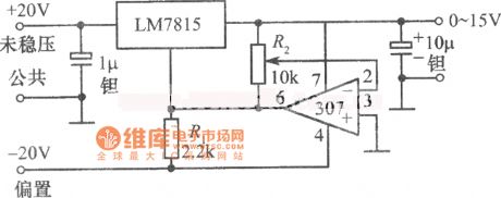0 to 15V 10A adjustable regulated power supply circuit composed of LM7815 and op amp 307