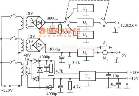 Multiple regulated power supply circuit composed of LM340 series