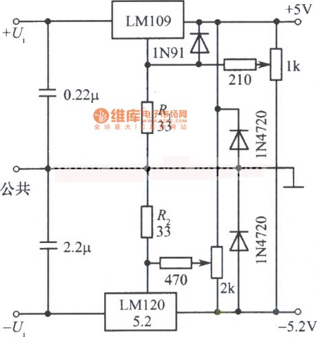 Trimming dual regulated power supply circuit compoed of LM109 and LM120