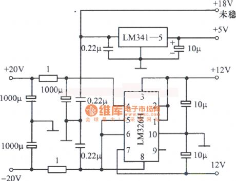 Multiple regulated power supply circuit composed of LM341-5 and LM326H