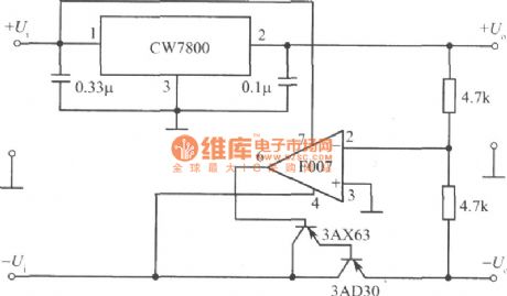 Tracking integrated regulated power supply circuit composed of CW7800 and F007