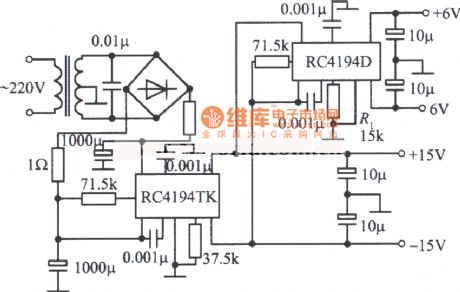 Dual-symmetric regulated power supply circuit composed of RC4194TK and RC4194D
