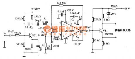 The circuit diagram of preamplifier made by MC1709 serves the electric motor drive
