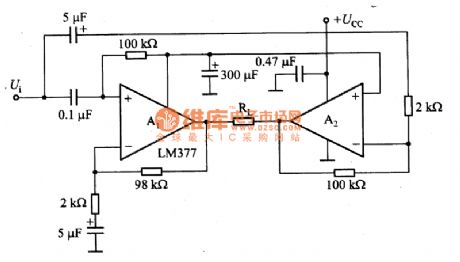 The power amplifying circuit formed by LM377 and others