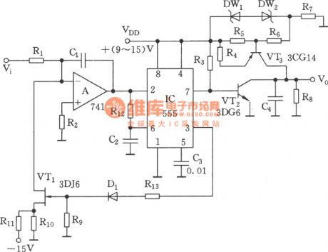 The voltage/frequency converter circuit of linear sawtooth wave (555)