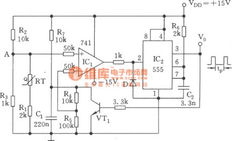The temperature/pulse width converter circuit of 555