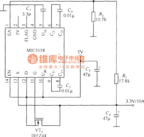 The outputting large current linear stabilizer circuit composed of MIC5158 (2007)
