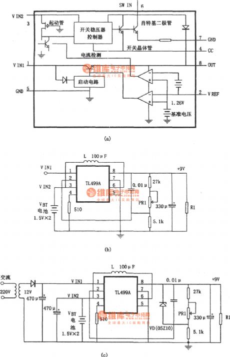 The step-up stable power supply and battery back-up power supply composed of TL499A