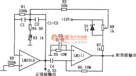 The oscillating circuit with the output of sine and square waves(LM111 and LM101A)