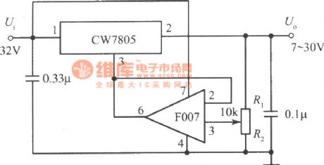 The 7~30V adjustable output integrated stable power supply circuit consisting of CW7800 and F007