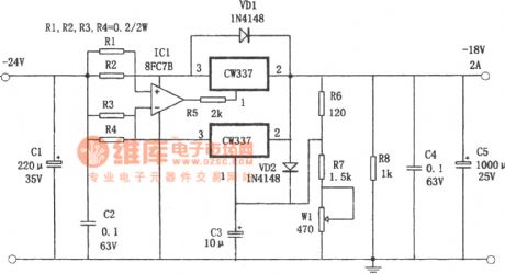 The parallel current expanding power supply of -18v and 2A composed of CW337