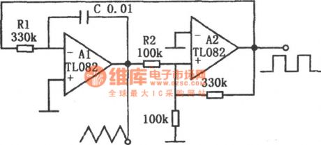 The simple triangular and square wave generating circuit composed of TL082