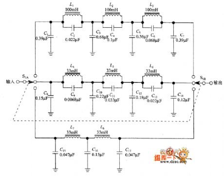 Three audio band-pass filters circuit