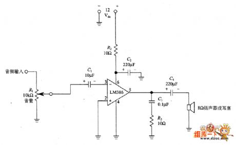 Audio power amplifier stage with LM-386 circuit