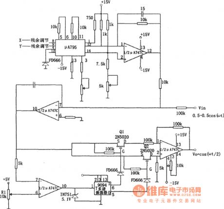 The sine wave frequency-halving circuit (μA747 and μA795)