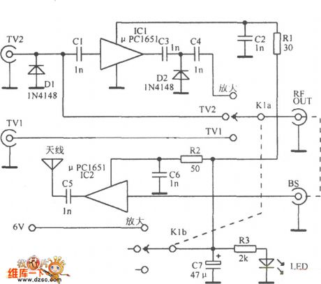 the circuit of tv signal switching amplified principle