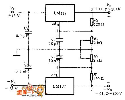 The 3-terminal dual adjustable regulated power supply circuit