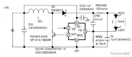 High efficiency circuit uses the XC9103 and XC6367 series to drive the white LED