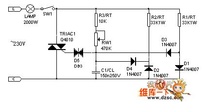 The large power dual-way thyristor light regulator circuit used in 230v filament lamps