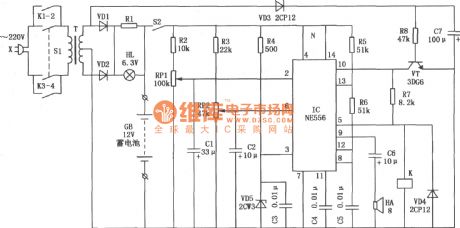 NE556 automatic monitoring circuit of starting battery of dynamo