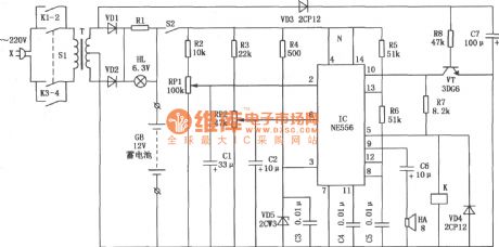 NE556 automatic monitoring circuit of starting battery of dynamo