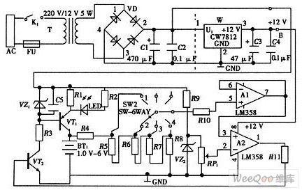 The main circuit of the simple battery automatic constant current charging circuit