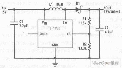 Minitype 5V to 12V boost converter circuit