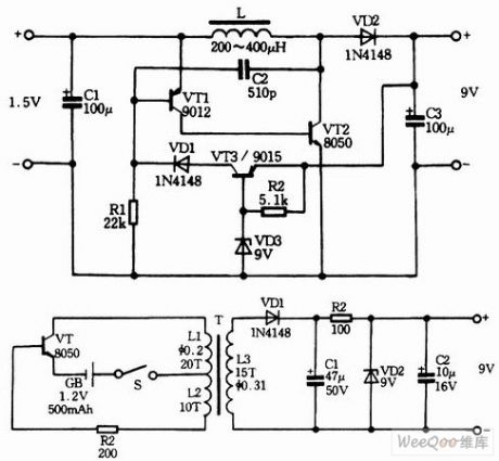 Three 1.2V-1.5V input and 9V output booster circuits