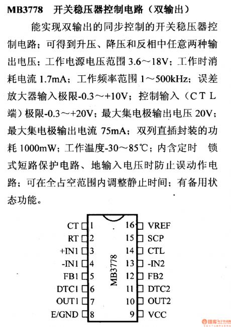 MB3778 control circuit, main features and pin of DC-DC circuit and power supply monitor