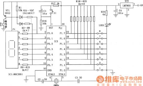 Circuit Diagram of digital eight-way disconnection detector composed of monolithic 89C2051